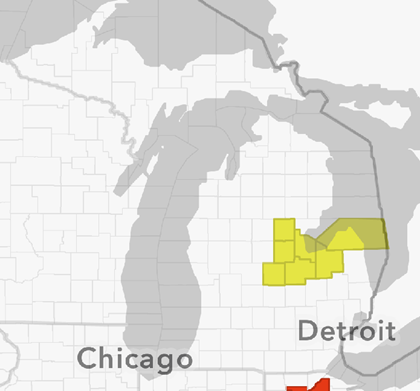 map of michigan with include Bay, Gladwin, Gratiot, Huron, Midland, Saginaw, and Tuscola.counties highlighted in yellow